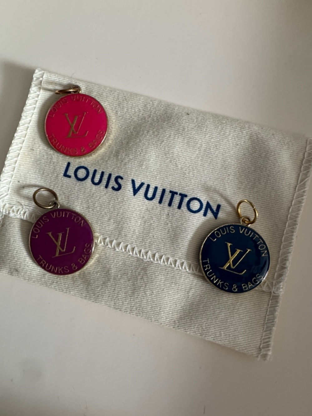Louis Vuitton Enamel Logo Charms in Hot Pink, Magenta & Navy